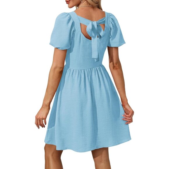 Ofeefan Women Baby Blue Puff Sleeve Square Neck Tie in Back Dresses with Zipper - Picture 5 of 5